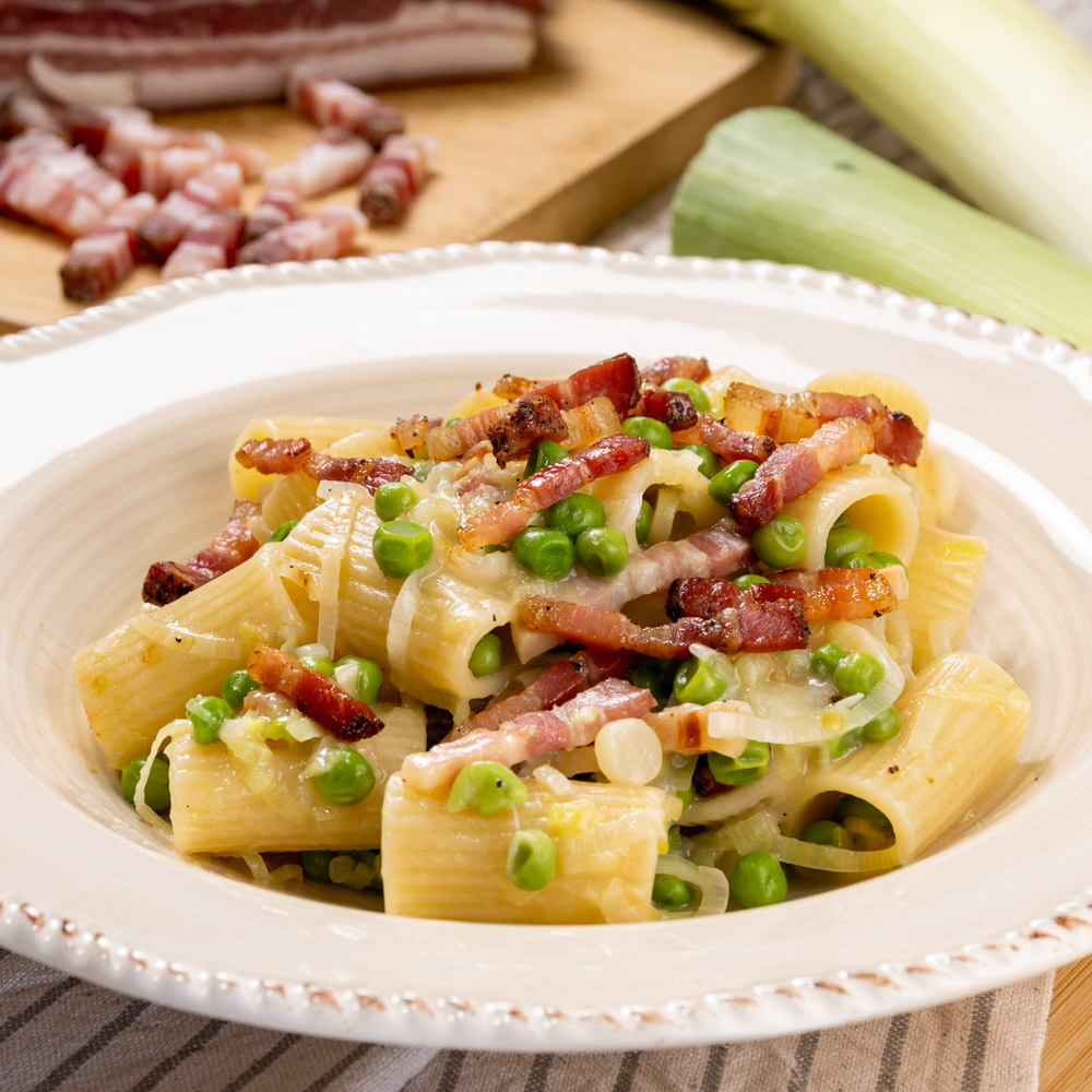 pasta porri piselli e pancetta